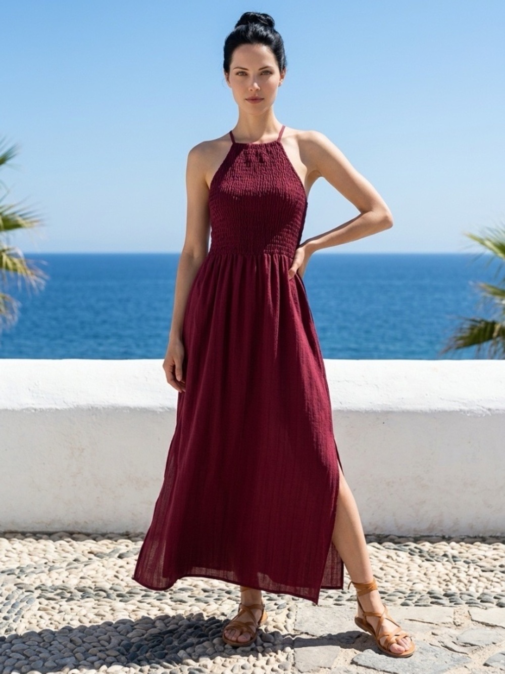 Universal Thread Smocked Burgundy Gauzy Maxi Dress Womens XL Beachy Vacation